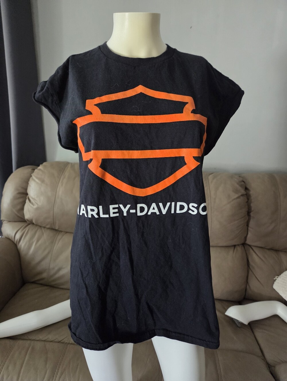 Harley-Davidson Black Tee with Orange Shield and White Logo, Size Large